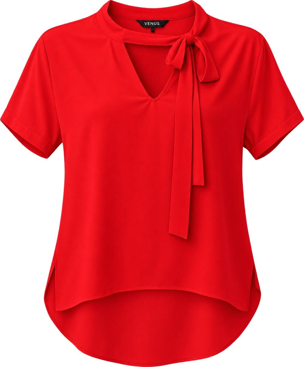 Express Neck Tie High Low Hemline Short Sleeve Blouse Red Size XS